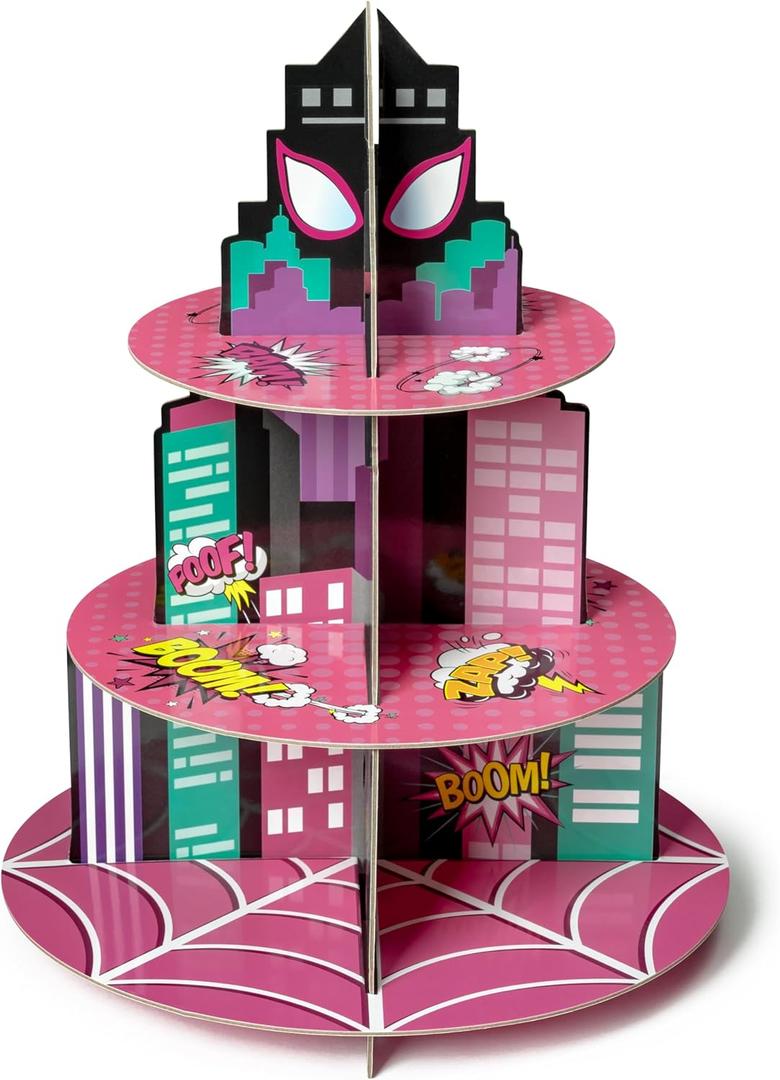 Pink Spider Cupcake Stand - 3 Tier Pink Spider Party Dessert Holder Pink Spider Theme Cardboard Cake Stand for Birthday Party Decorations Cupcake Display for Kids Birthday Party Supplies