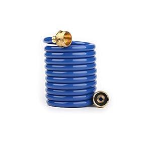FUNJEE EVA Coil Garden Hose for Gardener: Retractable Self Coiling Hoses with 3/ 4" GHT Solid Brass Fittings - Kink Free and Flexible for Home and Garden Yard (10FT, Blue)