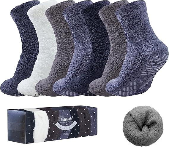 Bulinlulu Fuzzy Socks with Grips Plush Sleep Cozy Winter Soft Hospital Fluffy Socks Gifts for Womens Mens Gifts Color:
Black/White/Grey/Navy/Brown