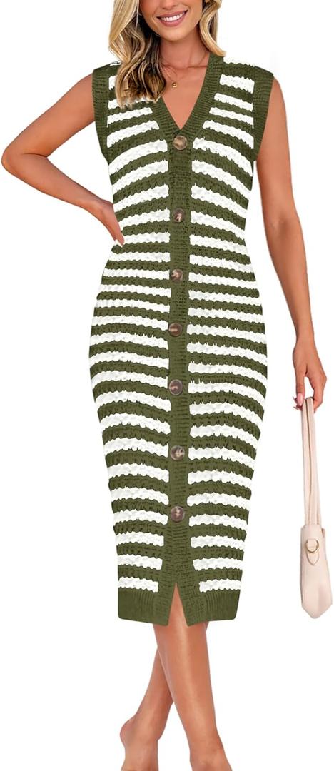 BTFBM Casual Women Spring Dresses 2025 Sleeveless Striped Midi Button Down Dress Ribbed Knit Cardigan Cover Up Dress (XXL)