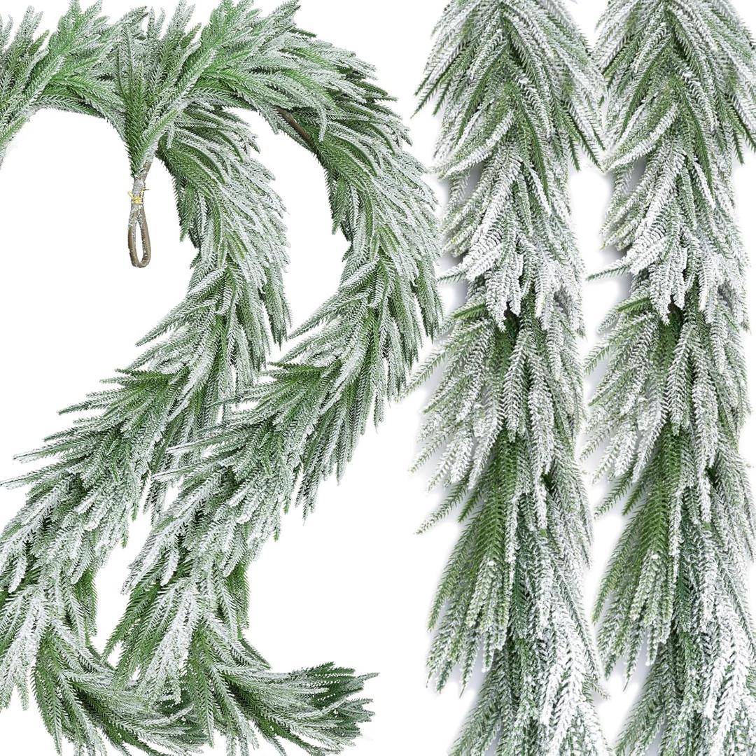 2 Pcs Snow Flocked Norfolk Pine Garlands, 72 Inch Real Touch Winter Pine Garland, Green Artificial Greenery Garland for Table, Mantle, Wall, Indoor, Outdoor Christmas Decorations