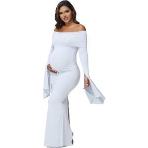 Women's Maternity Long Sleeve Off Shoulder Pregnancy Photography Dress for Baby Shower Photoshoot Party (White)