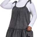 Women Denim Cami Dress Tie Shoulder Ruffle Hem Short Dresses Babydoll Wash Jean Sundress with Pocket, Gray, Small