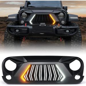 Xprite Front Grill Compatible with 2007-2018 Jeep Wrangler JK JKU, Unique Patented Design Grille w/Running and Turn Signals Light, Matte Black