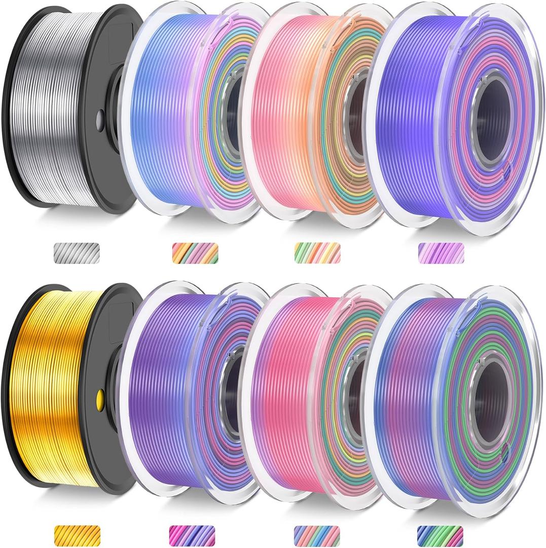 JAYO 3D Printer Filament Bundle, PLA Silk Filament Bundle Multicolor, Shiny Silk PLA Filament 1.75mm, Fast Color Change Rainbow Filament, Individually Vacuum Packed, 250g Spool, 8 Rolls, 2kg in Total