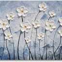 YHSKY ARTS 3D Hand - Painted White Floral Wall Art with Printed Blue Background, Textured Flower Decor for Home, 39.3"L x 19.6"W