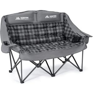 Huskfirm Padded Double Camping Chair High Back 2 Person Camping Chair Oversized Camping Loveseat Support 800LBS Heavy Duty Camping Couch with Cup Holders, Cooler, Carry Bag, Blue, 32 inches x 22 inches x 38 inches