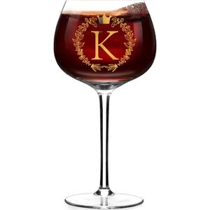 Personalized Custom Birthday Red Wine Glass for Women, Engagement Gift for Couples, Wedding Retirement Initial, 16oz Bride Wine Glass, Best for Wine Lovers, Monogrammed Cup A (K)