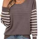 Womens Knit Pullover Sweater Long Sleeve Crew Neck Ribbed Tops Striped Sleeve Casual Fall Winter Blouses (Small, Coffee Grey)