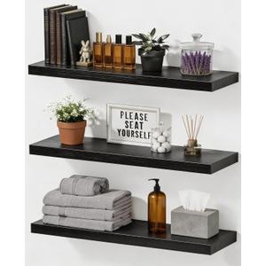  Easy Install Wall Shelves, 15.6 Inch Wall Mounted Wood Floating Wall Shelves, Set of 3, Small Wall Shelves for Storage and Wall Decor, Living Room, Kitchen, Office, Corner Shelf for Bathroom, Black