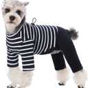 Winter Coat for Dogs - Warm Cotton Cold Weather Striped Round Neck Pajamas, Long Sleeves Jumpsuit, Color-Blocked Clothes for Medium Dogs, Onesie Anti Hair Shedding (Dark Blue)