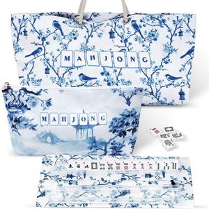 FUYIHGL 3PCS Mahjong Bag Set: Chinoiserie American Mah Jong Carrying Bag for Tile and Rack - Tote Bag, Zippered Carrying Case, Rack and Pushers Pocket - Game Night Mah-jongg Accessories and Gifts