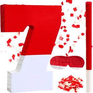 Poen Number 7 Piata with Batting Stick Eye Mask and Confetti Red and White Piata for Kids Boys Girls Birthday Anniversary Celebration Decorations Party Supplies, 16 x 11 x 2.8 Inches