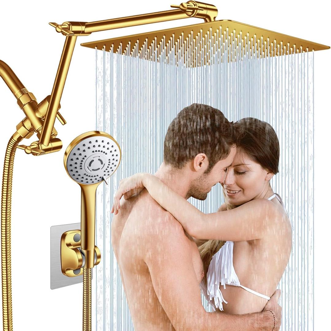 12'' Gold Rain Shower Head, High Pressure Rainfall Shower Head with 16 inch Adjustable Extension ArmFlexible Adjust Height and Angle, 5 Setting Spray Handheld Shower Head, Anti-leak