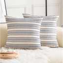 Cethom Decorative Boho Throw Pillow Covers, Farmhouse Textured Pillow Case, 22 x 22 Inch Set of 2, Chair Sofa Bedroom Living Room Decor Couch Cushion Case, Navy Blue and Beige Striped