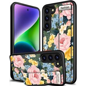 Compatible for Samsung Galaxy S25 Case Cute with Strap Stand Finger Kickstand, Designer Cool Silicone Cases Funda Cover - Blue Flowers Pale Rose