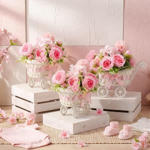 3 Pack Rattan Baby Carriage Floral Arrangement with Bouquet Pink Baby Shower Table Centerpiece Stroller for Guests Gender Reveal Wedding Party Favor Gift and Souvenir