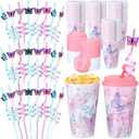Yungyan 36 Sets Butterfly Party Favors Goodie Cups with Lids and Straws for Birthday Decorations Reusable 16oz Plastic Candy Cups Plastic Straws for Birthday Party (Butterfly)