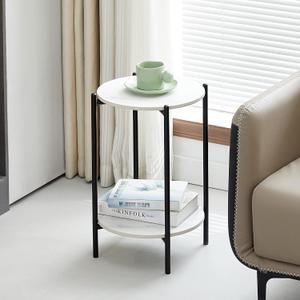 2-Layer End Table with Whole Marble Tabletop, Round Coffee Table with Black Metal Frame for Bedroom Living Room Office (White,1 Piece)