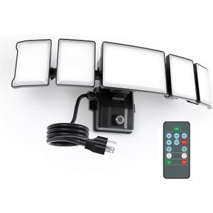 Olafus 120W Plug in Flood Lights Dusk to Dawn LED Outdoor Light with Remote, 5 Adjustable Heads IP65 Waterproof LED Security Light with Photocell for Yard Garden Porch Black