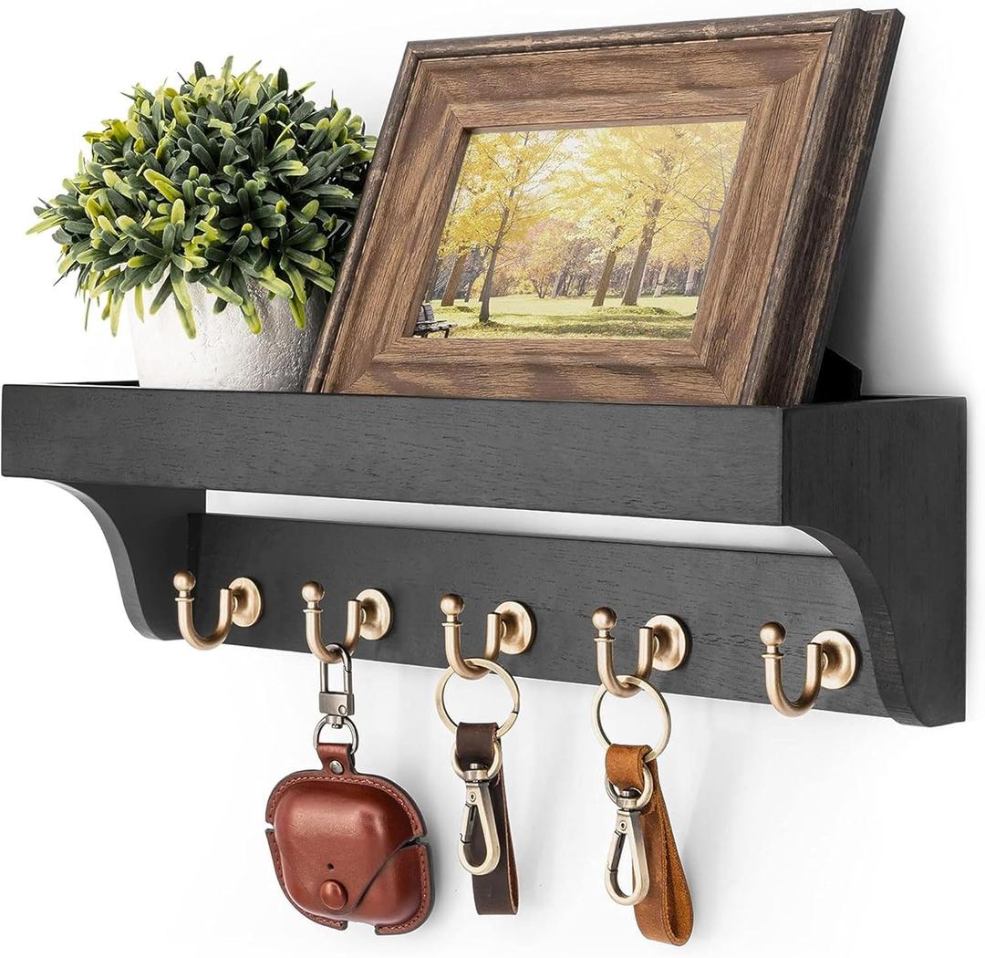 Rebee Vision Key Holder for Wall with Shelf : Decorative Key Organizer with 5 Rustic Keys Hooks and Primitive Wood Mail Organizer Wall Mount - Entryway Dcor (Black)