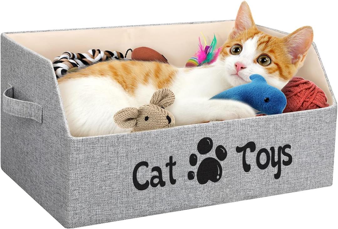 2X Thicker Large Cat Toy Bin Collapsible Cat Toy Box Sturdy Cat Toy Basket Kitten Toy Storage Bed for Organizing Cat Toys Treats Clothes and Accessories (Grey)