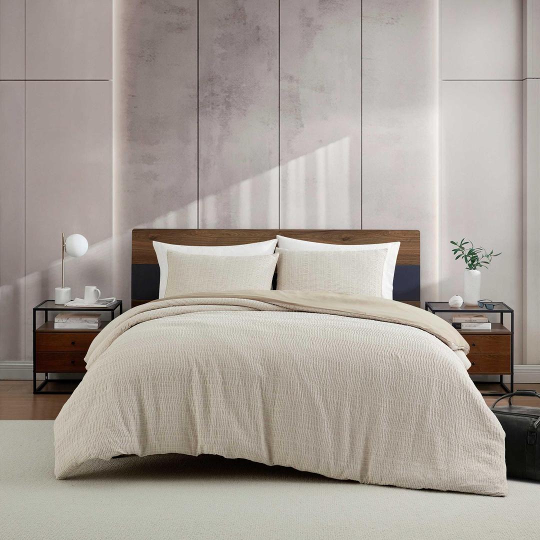 Kenneth Cole - Duvet Cover Queen Size, Soft & Smooth Textured Bedding w/Matching Pillowcases, Medium Weight for All-Season Comfort, 3 Piece Bed Sets (Stitched Gauze Beige)