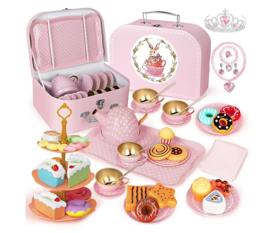 Tea Party Set for Little Girls, 49PCS Princess Tea Time Toys Including Tea Set Dessert Carrying Case, Kids Kitchen Pretend Playset, Tea Set for Girls Birthday Toddler Age 3-8, Pink
