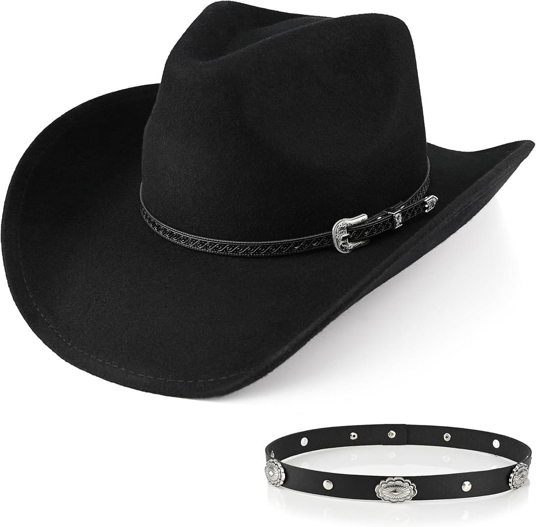 100% Wool Western Cowboy Hat Classic Black Cowboy Hat for Women Men Cowgirl Hat Fedora Hat Felt with Two Decorative Bands (Large-X-Large)
