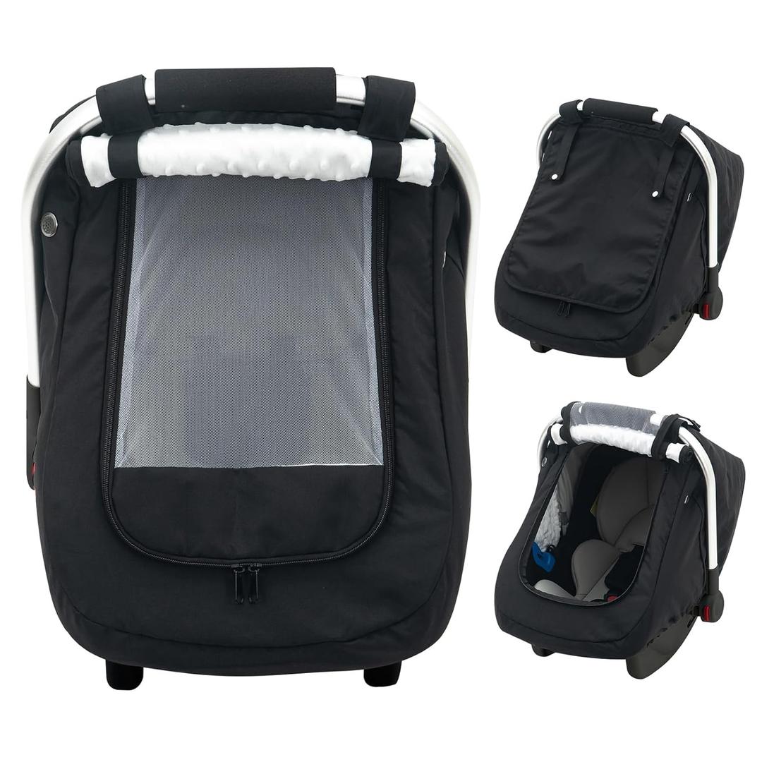 Waterproof Baby Car Seat Cover, Warm Carseat Cover for Cold Weather, Infant Car Seat Canopy with 2 Breathable Vents, 3D Mink Dot Baby Carrier Cover for Boys & Girls (Black)