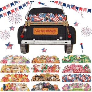 Menkxi 13 Pcs Easter Diamond Art Hanging Sign Seasonal Interchangeable Diamond Painting Welcome Sign for Spring Summer Home Front Door Wall Window Farmhouse Porch Decorations Gifts DIY Crafts(Black)