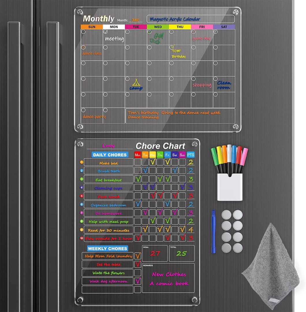 Clear Magnetic Acrylic Dry Erase Calendar for Fridge, Monthly & Weekly/Chore Chart Planning Board Set for Kids/Adults/Teens, Includes 7 Colorful Markers, 16"x12"