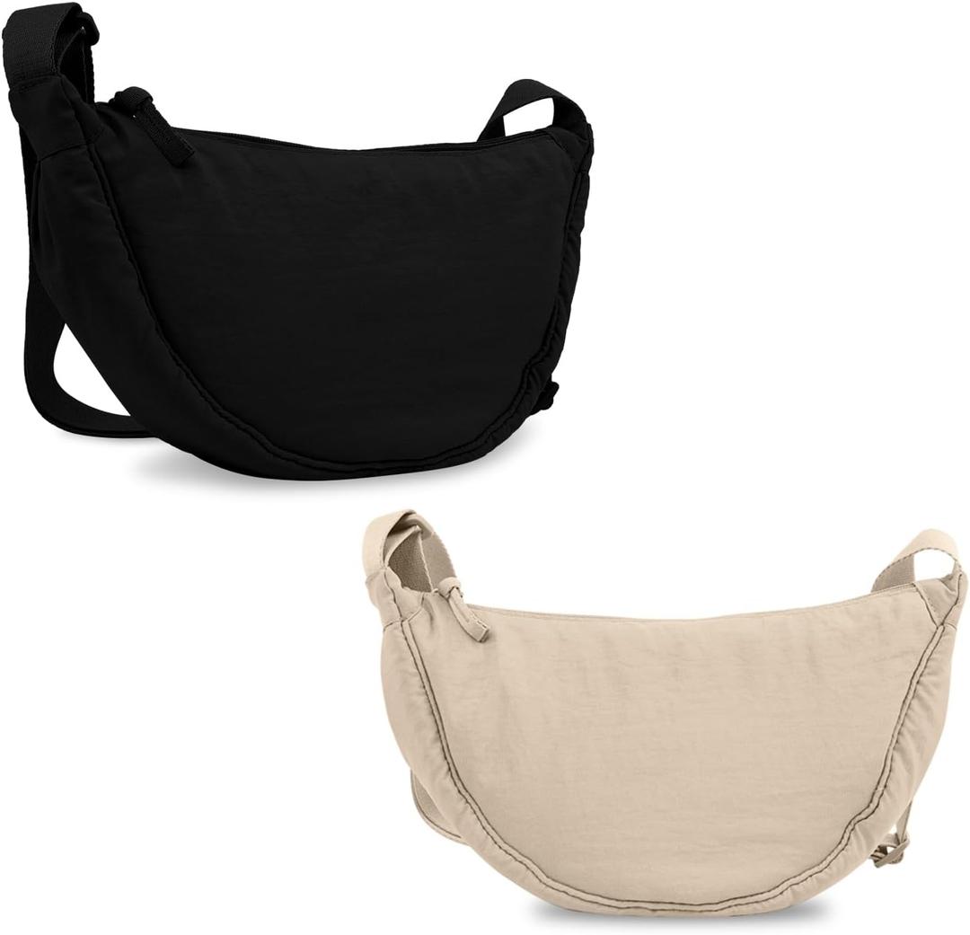 Nylon Crescent Crossbody Bag for Women Purses Trendy Men,Small Travel Sling Bag Hobo (Beige+black)