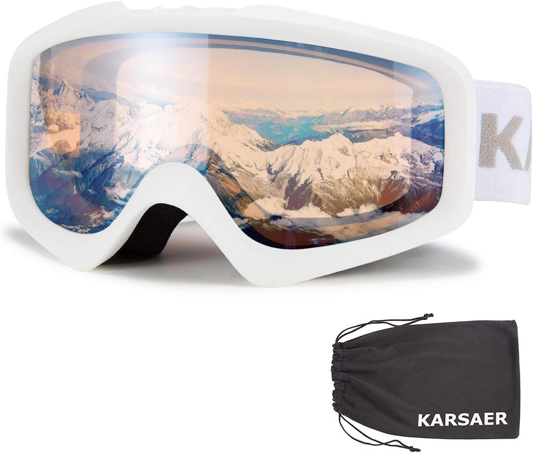 Karsaer Ski Goggles Anti-Fog Snow Goggles OTG 100% UV Protection Snowboard Goggles Bendable Dual-Lenses for Men Women Youth (Matte White Frame Orange Lens Vlt 60%)