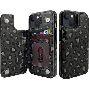 TopPerfekt Flip Leather Wallet Case Card Holder Compatible with iPhone 13 and 14 6.1" Women and Girls with Card Holder Kickstand Double Magnetic Clasp Black Grey Leopard Pattern