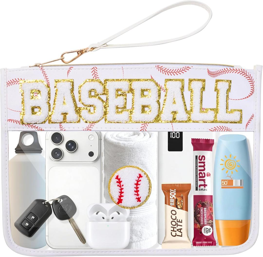 Bufilea Baseball Gift Clear Baseball Bag with Chenille Letter Patches, Waterproof PVC Toiletry Pouch with Wristlet, Large Portable Makeup Bag for Baseball Moms Essentials, Game Day & Travel Organizer