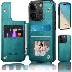 DJDUCK Designed for iPhone 14 Pro Case Wallet with Card Holder, [Magnetic Clasp Cover] [RFID Blocking Leather Protection] Shockproof Women Men Cases 6.1 Inch for Apple 14 Pro Blue Green