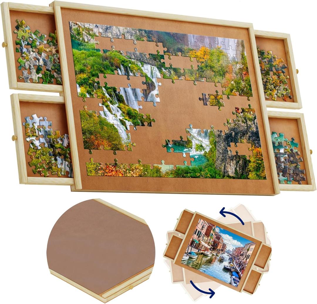 1500 Piece Wooden Jigsaw Puzzle Table - 4 Drawers, Rotating Puzzle Board | 35 X 28 Jigsaw Puzzle Board | Puzzle Cover Included - Portable Puzzle Tables for Adults and Kids by Beyond Innoventions