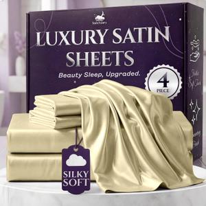 SLEEP SANCTUARY Satin Sheets King Size  4 Piece Luxury Silky Bed Set, Softer Than Silk, 15" Deep Pocket, Cooling & Wrinkle-Free, Moisture-Wicking & Breathable for Hair & Skin (Champagne)