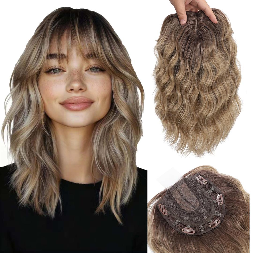 Kintama Ombre Blonde Hair Topper for Women with Bangs - Ombre Clip-in Hair Piece for Thinning Hair - Volumizing Topper Wiglet for Instant Volume & Natural Look (Short)
