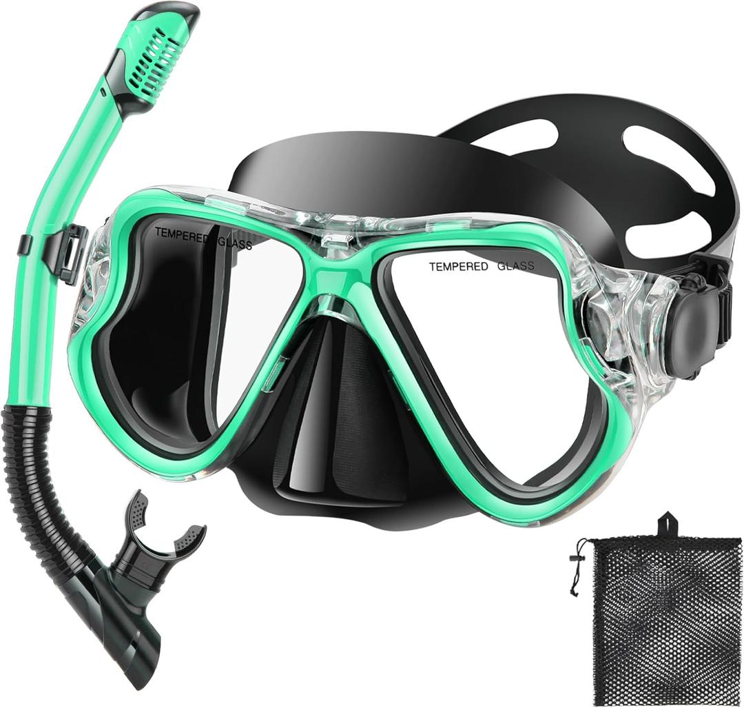 Snorkeling Gear for Adults Kids, Dry Snorkeling Set, Panoramic Anti-Leak and Anti-Fog Tempered Glass Lens, Adjustable Strap Snorkel Set with Mesh Bag Ear Plug for Snorkeling Scuba Diving Travel (Kids(3-14 Ages), Turquoise Blue)