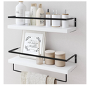 Forbena White Floating Shelves for Bathroom Organizer Over Toilet, Bathroom Shelves Wall Mounted with Towel Rack, Corner Wall Shelf for Bedroom Decor Kitchen Storage (WhiteDark Grey, Set of 2)