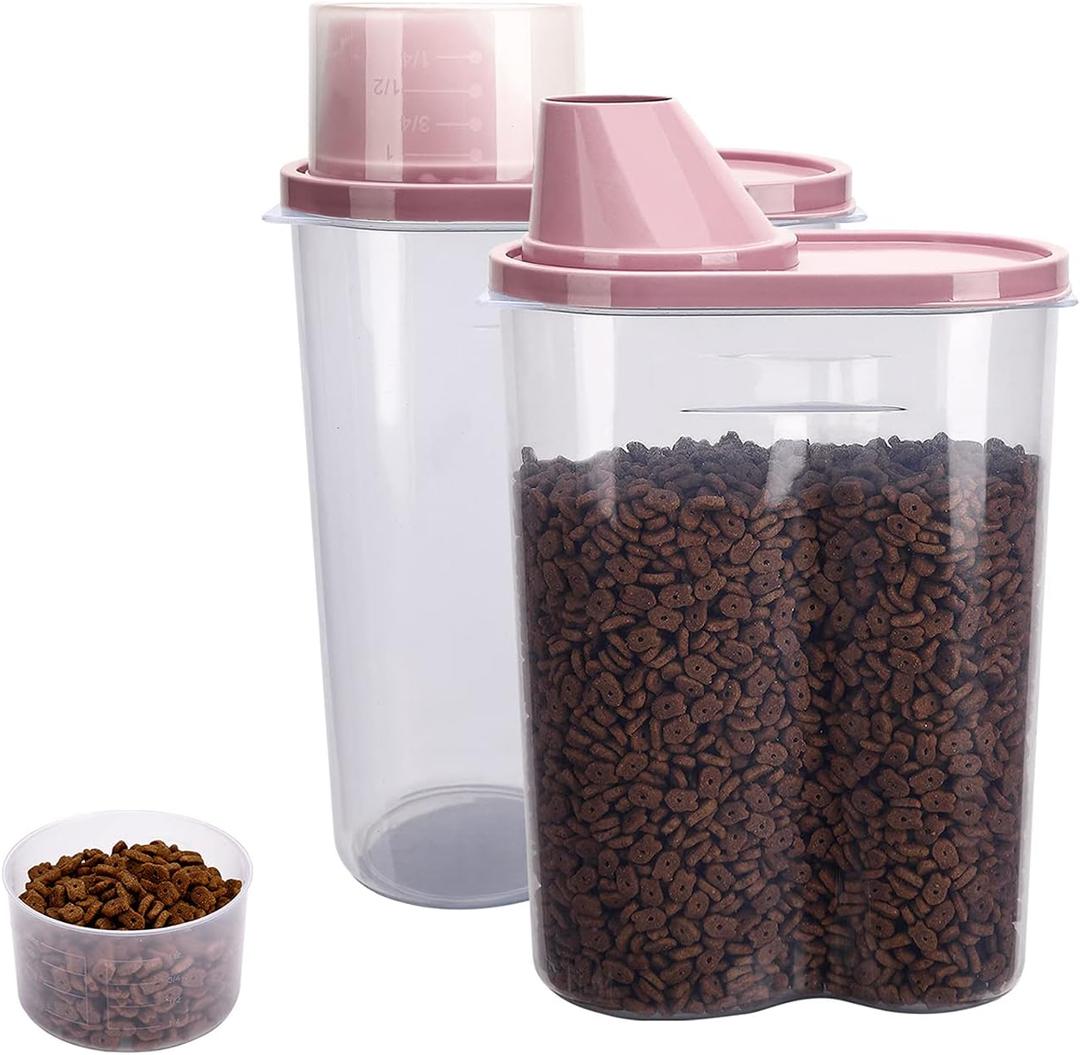 GreenJoy 2 Pack 2lb/2.5L Pet Food Storage Container with Measuring Cup, Can Covers and Bowl for Small Dog, Cat, Waterproof-BPA Free (Pink)