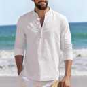 Mens Linen Henley Shirts Casual Long Sleeve Hippie Yoga Tops Lightweight Summer Beach T-Shirt (White, XXL)