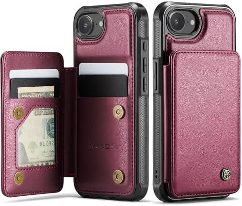Vinich for iPhone 16e Wallet Case with Card Holder, RFID Blocking Credit Slots Kickstand Shockproof Phone Cover for Women Men, Wine Red