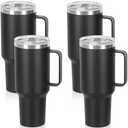 Temolulu 4 Pack 40 Oz Tumbler with Handle and Straw, Stainless Steel Double Wall Vacuum Insulated Cup, 40 OZ Travel Coffee Mug Bulk with Silicone Water Bottle Boot (Black)