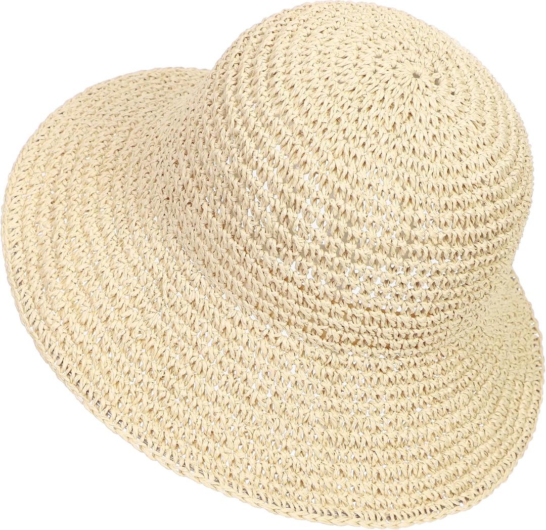 Womens Sun Hat Handmade Crochet Straw Bucket Hat Summer UV Protection Foldable Travel Cap UPF 50+ (Beige)
