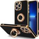Hython for iPhone 13 Pro Max Case with Ring Stand [360Rotatable Ring Holder Magnetic Kickstand] [Plated Rose Gold Edge] Slim Soft TPU Cover Luxury Protective Phone Case for Women Men, Black