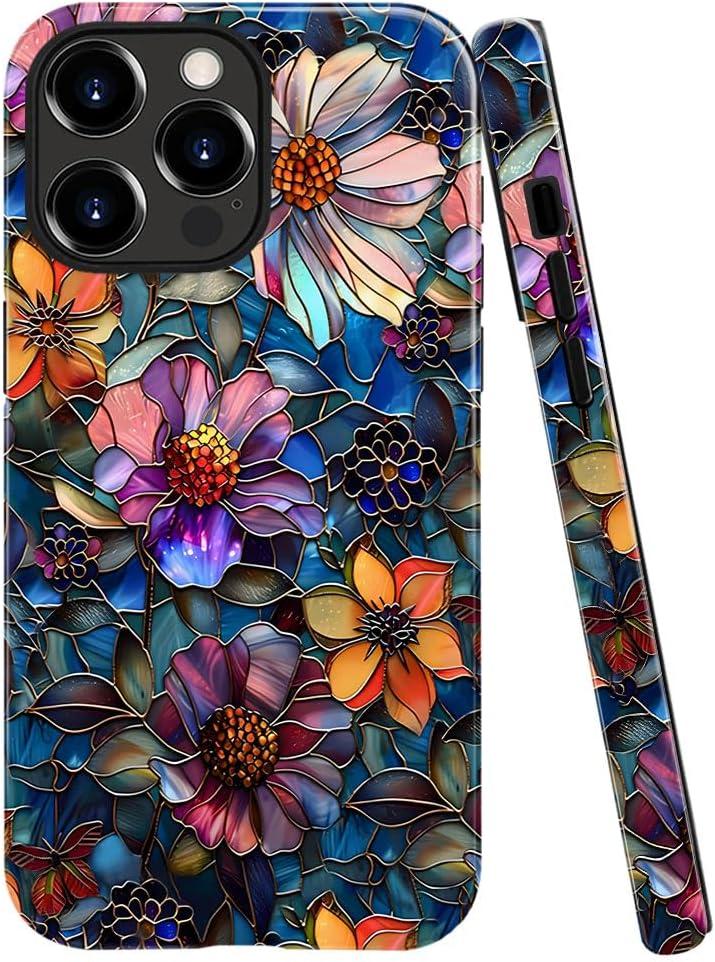 Case Compatible with iPhone 11 Pro Max, Fall Prevention Bright Hybrid 2-Layer Hard Shell Phone Case for Girls Boys, Colorful Floral Flower Art
