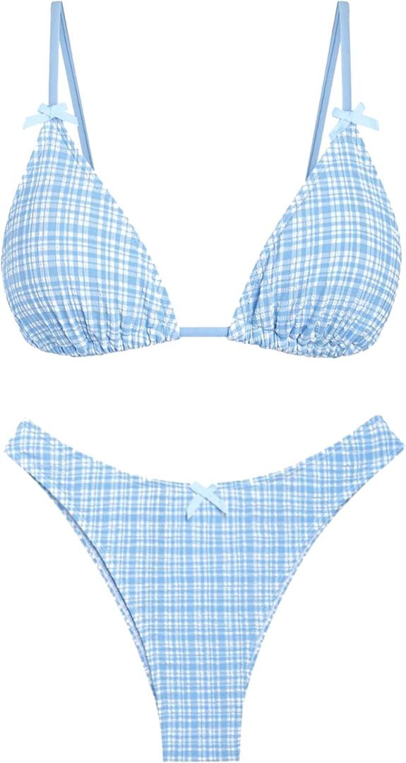 Seamoly Women's Bikini Sets Tie Back Bowknot Two Piece Swimsuits Triangle Thong Bathing Suit Gingham Floral Cherry Printing, S